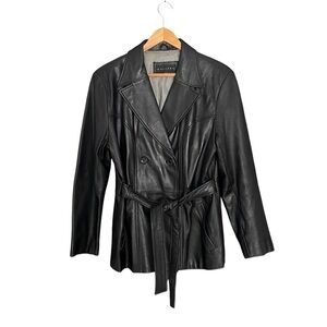 GALLERY Leather Double Breasted Trench Jacket Black L